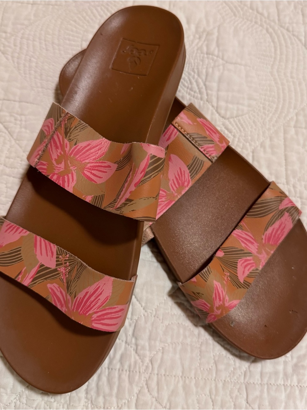 Reef Floral Pink Brown Double-Strap Slide Sandals